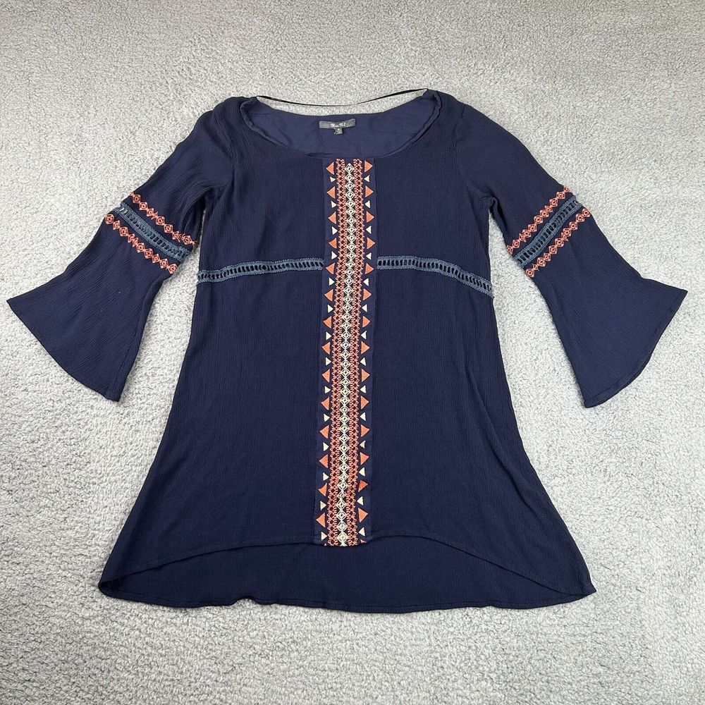 Miss Me Dress Womens Medium Navy Tunic Boho Embroidered‎ Boat Neck Aztec Print